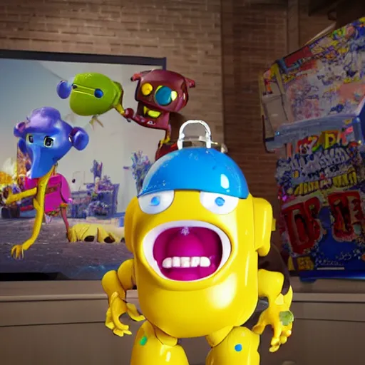 Image similar to single crazy melting plastic toy Pop Figure Robot monster 8K, by pixar, by dreamworks, in a Studio hollow, by jeff koons, by david lachapelle