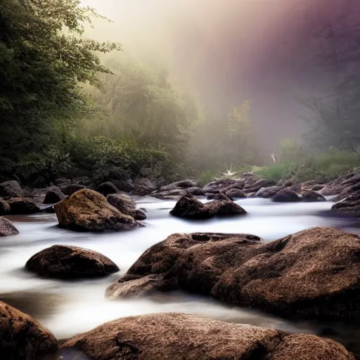 Image similar to a beautiful landscape, river, rocks, trees, volumetric lighting