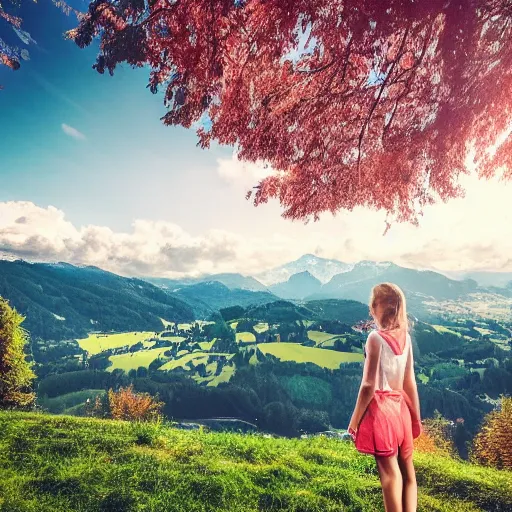 Image similar to a beautiful photograph of a girl with switzerland landscape in the background with trees, hdr, 8 k, high quality, sharp focus, artstation, highly detailed, award - winning, dramatic lighting, beautiful clouds, and nature