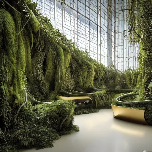 Image similar to a dream about opulent, abandoned overgrown futuristic base on Mars designed by Zaha Hadid, lush plants growing through the glossy floors and walls, walls are covered with moss and vines, beautiful, dusty, golden volumetric light shines through, golden rays fill the space with warmth, rich with epic details, dreamy atmosphere and drama