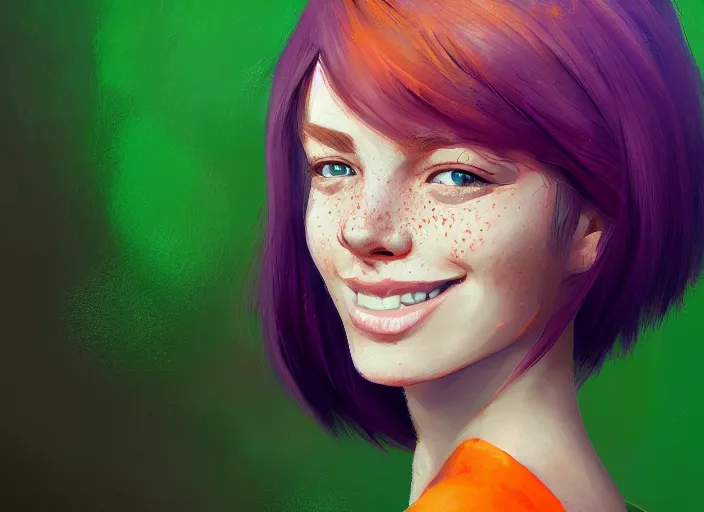 Prompt: portrait of a beautiful smiling girl with orange hair and freckles, green eyes, highly detailed, digital painting, concept art, smooth, sharp, focus, background is purple, artstation, style by Julia Razumova