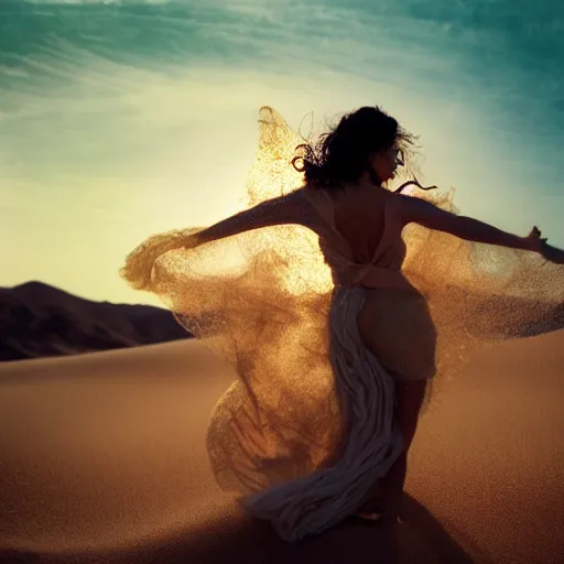 Image similar to filmstill photography of female body sulhouette covered with curly white translucent blanket blowing in wind, acrylic liquid colors, luxurious supermodel photoshooting, golden jewelry, bokeh, godrays, strong wind, wrinkles, sunrays, sunset, lens flares, monet, painting by renoir, cold colors, sand dunes