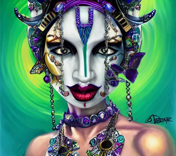 Image similar to beautiful female character inspired by new orleans mardi gras and cubism vampire bounty hunter | | digital artwork made by greg rutswork, anna dittmann and lois van barlee, symmetrical rim light, anatomically correct