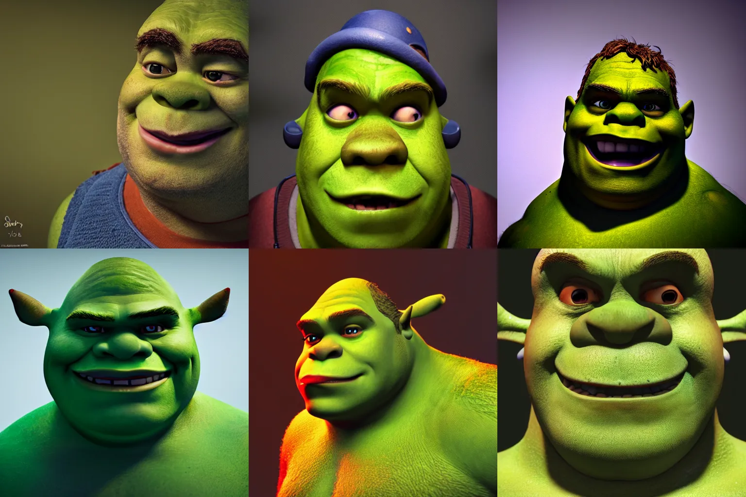 Prompt: a portrait of Shrek in a Disney Pixar movie, body horror, moody, foggy, 35mm f2.8, 4k, artstation, PBR materials, Pixar renderman render, horror, surreal
