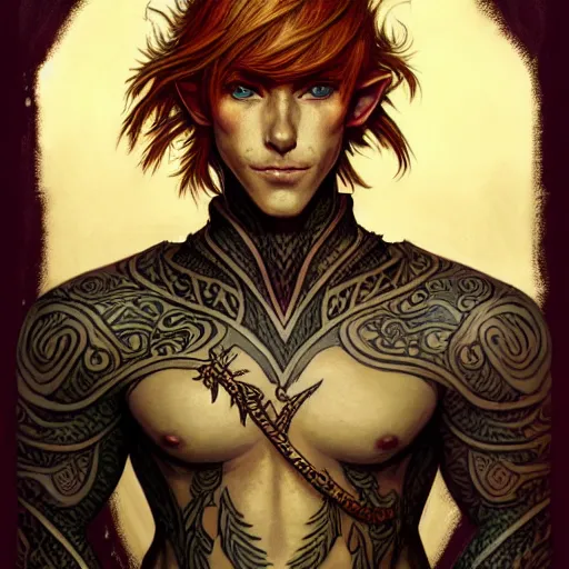 Image similar to portrait painting of an elven young man with short ginger hair and tribal tattoos wearing light armor, sharp focus, award - winning, trending on artstation, masterpiece, highly detailed, intricate. art by rebecca guay