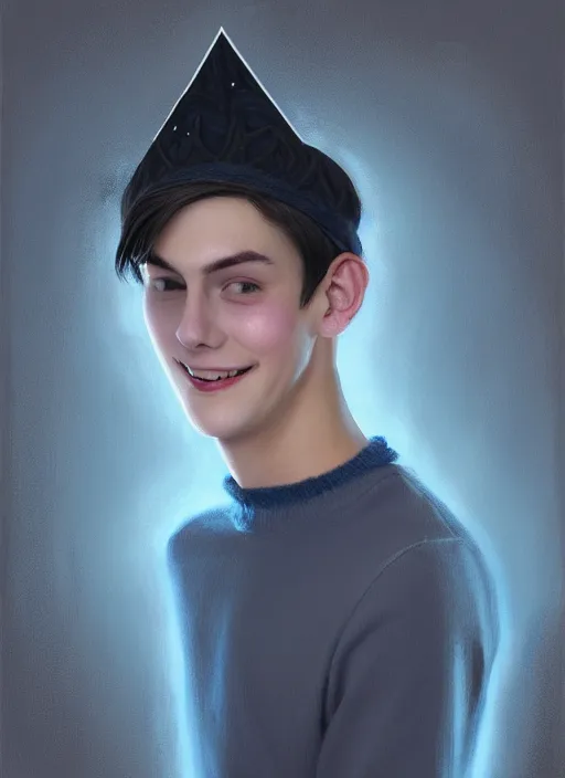 Image similar to portrait of teenage jughead jones wearing a light grey crown, crown, blue turtleneck, closed eyes, eyes closed, smile, crown, black hair, intricate, elegant, glowing lights, warm lighting, highly detailed, digital painting, artstation, concept art, smooth, sharp focus, illustration, art by wlop, mars ravelo and greg rutkowski