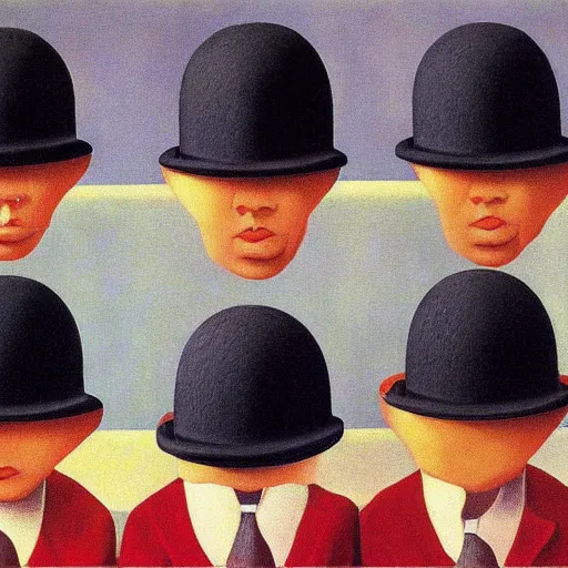 Prompt: a breakfast with friends in hats by rene magritte