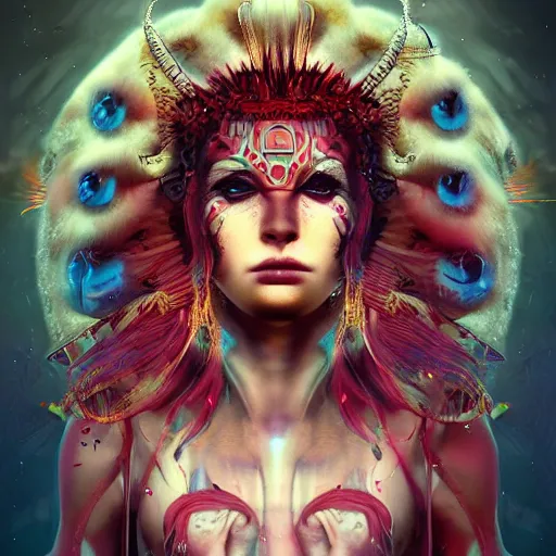 Prompt: viking goddess photograph tribal princess , on a battlefield, high tech, cyberpunk, dystopian, jellyfish phoenix dragon, butterfly squid, burning halo, intricate artwork by Conrad Roset and Brooke Shaden, very coherent symmetrical artwork, cinematic, hyper realism, high detail, octane render, unreal engine, 8k, Vibrant colors, Smooth gradients, High contrast, depth of field,