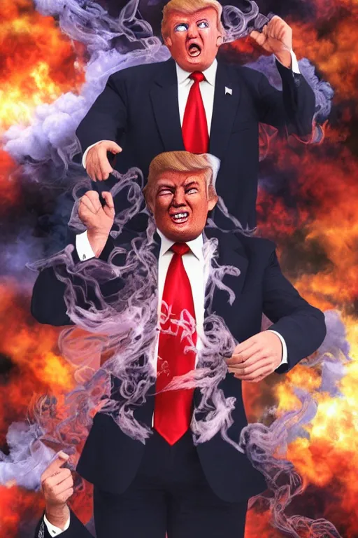 Prompt: detailed illustration, donald trump as a 1 9 8 0 s wrestling action figure, ultra realistic, dramatic lighting, thick black swirling smoke tornado, artstation