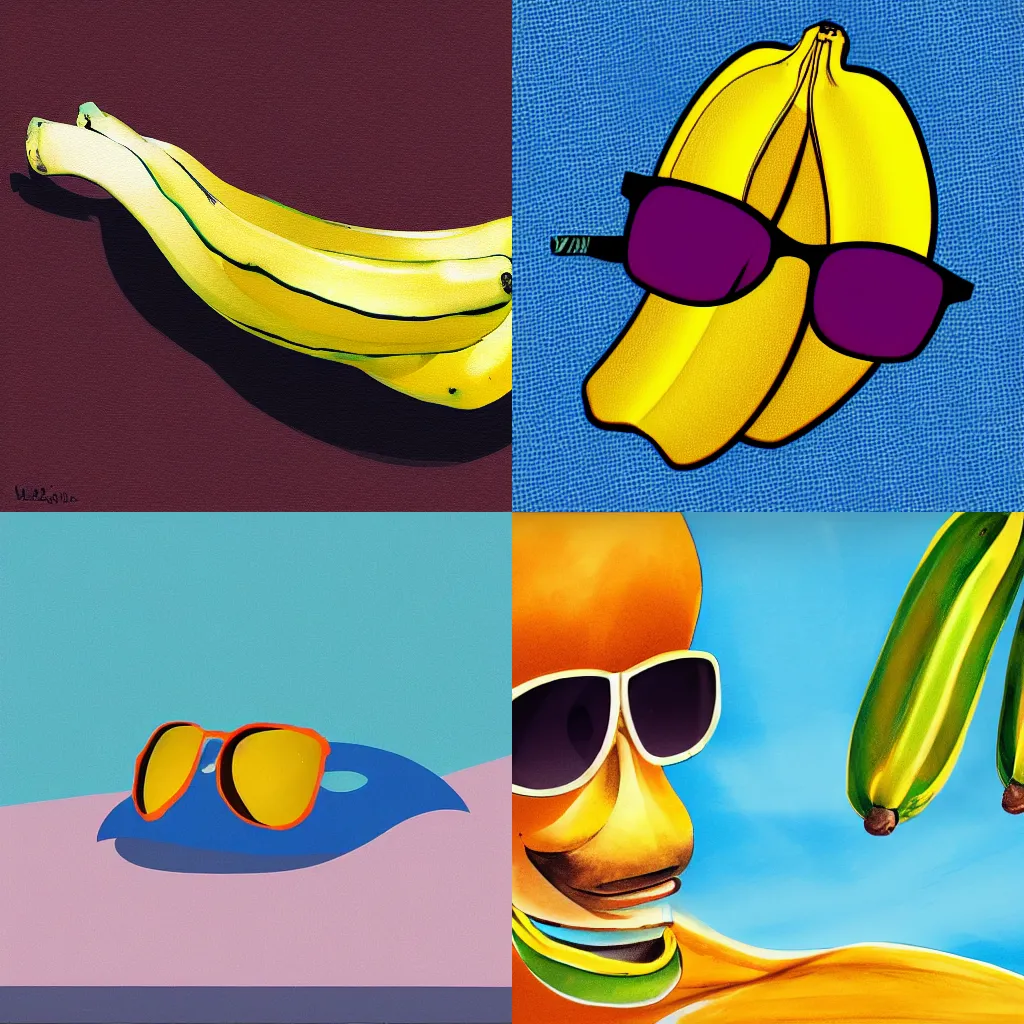 Prompt: Banana with sunglasses in a sunbed, digital art