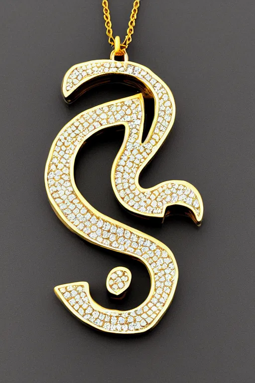 Prompt: gold letter g pendant with colored diamonds and in a hip hop font style