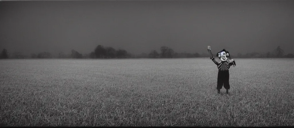 Image similar to circa 2 0 0 2 1 3 mm color film photograph of a clown in a field, liminal, dark pitch black, flash on, blurry, grainy, unsettling