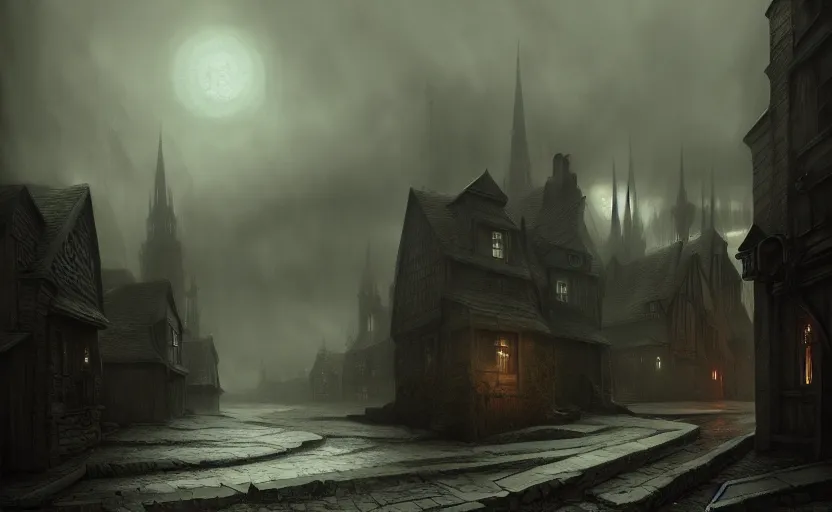 Image similar to extreme long shot concept art depicted an old english mystic town | art by thornton oakley and darek zabrocki and harvey dunn | dramatic mood, overcast mood, dark fantasy environment | fantasypunk, trending on artstation, unreal engine, hyperreal movie shot