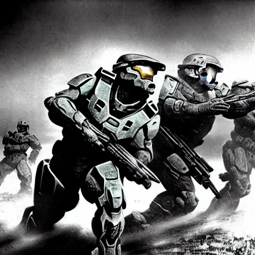 Image similar to halo game spartans in world war 2, old movie, dramatic, detailed, black and white, old movie scene, 1 9 4 0 france