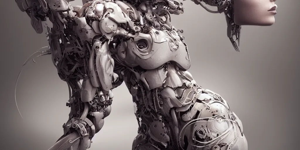 Prompt: photorealistic gorgeous symmetrical female cyborg, holding intimately, highly detailed, arms, knees, back, intricate, in the style of beth cavener, jin kagetsu, wlop, masterpiece, concept art, high key lighting, ambient lighting, octane render, 8 k, artstation