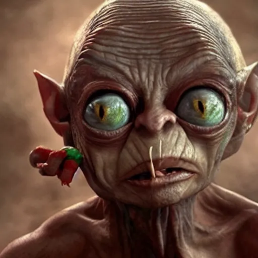 Image similar to Gollum with big red eyes smokes blunt