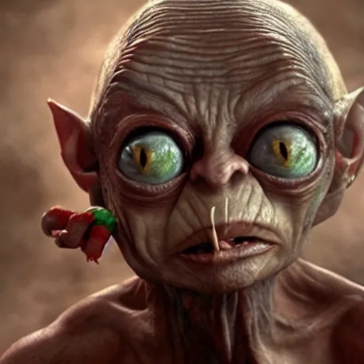 Prompt: Gollum with big red eyes smokes blunt