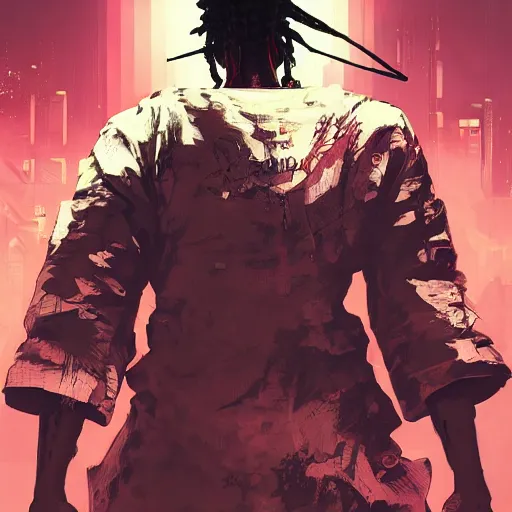 Prompt: afro samurai with menacing robotic eyes, Apex Legends character, digital illustration portrait design, by android jones and greg rutkowski in a cyberpunk style, retrowave color scheme, detailed, cinematic lighting, wide angle action dynamic portrait