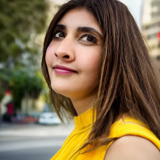 Image similar to close up portrait of a beautiful, attractive brown hair woman, wearing a yellow sundress, in downtown Los Angeles