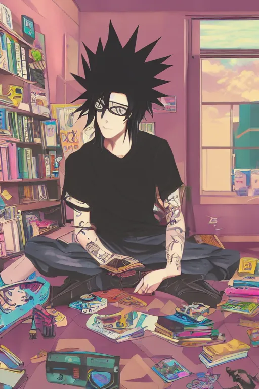 Image similar to anime goth guy sitting on the floor of a cluttered 9 0 s bedroom reading a book, vaporwave colors, lo - fi, concept art, smooth, detailed, toon shading, cel shading, animation, 4 k, hd,