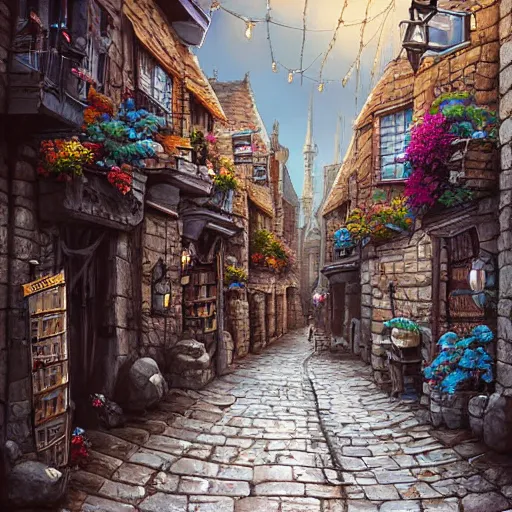 Image similar to a busy fantasy street looking down one street within a fascinating old city, quirky shops, narrow streets, old buildings, cobblestones on the ground, stone steps, street life, by Sylvain Sarrailh, single street, cinematic, simple but effective composition, clean lines, beautiful digital painting, oil painting, detailed, dungeons and dragons, lord of the rings