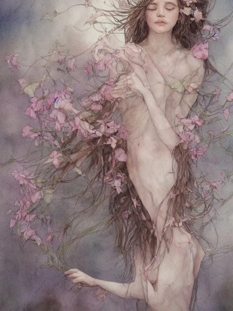 Image similar to study of a flower fairy, illustration, watercolor, alan lee, detailed, pretty, ethereal, realistic, artstation