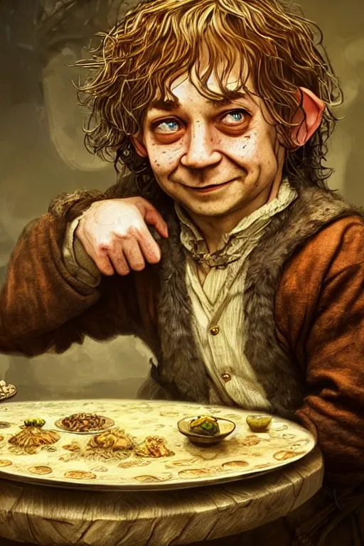 Image similar to dirty faced and very happy looking hobbit looking the table full of food, fantasy, intricate, elegant, highly detailed, digital painting, artstation, concept art, addiction, chains, smooth, sharp focus, illustration, art by Ilja Repin