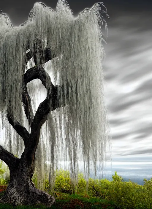 Image similar to nature photograph of a weeping willow with black bark and silver leaves sitting on a cliff in the distance in the style of stefan kostic, realistic, half body shot, sharp focus, 8 k high definition, insanely detailed, intricate, elegant, art by stanley lau and artgerm, luis royo, cloudy background