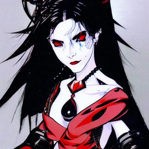 Image similar to beautiful pale - skinned goth girl with a red diamond on her forehead, yoji shinkawa