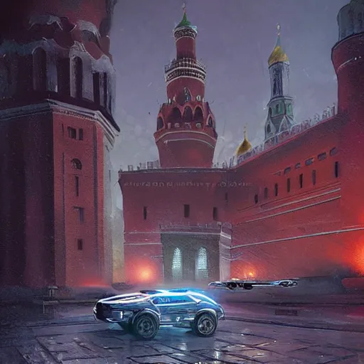 Prompt: Cyberpunk Moscow Kremlin with flying cars by Greg Rutkowski