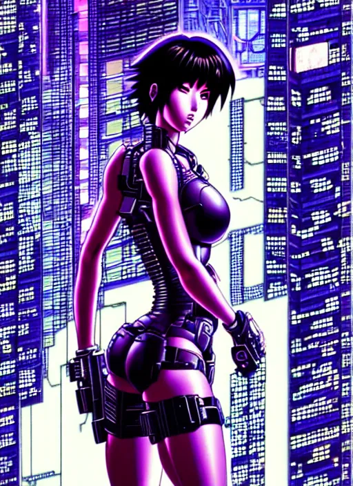 Image similar to motoko kusanagi in grungy cyberpunk megacity, intricate and finely detailed, cyberpunk vaporwave, portrait by j scott campbell