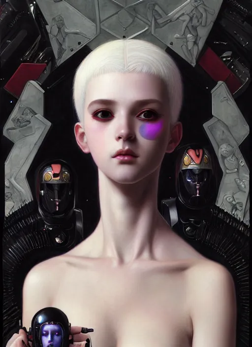 Image similar to portrait of beautiful cute young goth balenciaga military maiden cyborg girl with white hair in warhammer armor, art by ( ( ( kuvshinov ilya ) ) ) and wayne barlowe and gustav klimt and artgerm and wlop and william - adolphe bouguereau