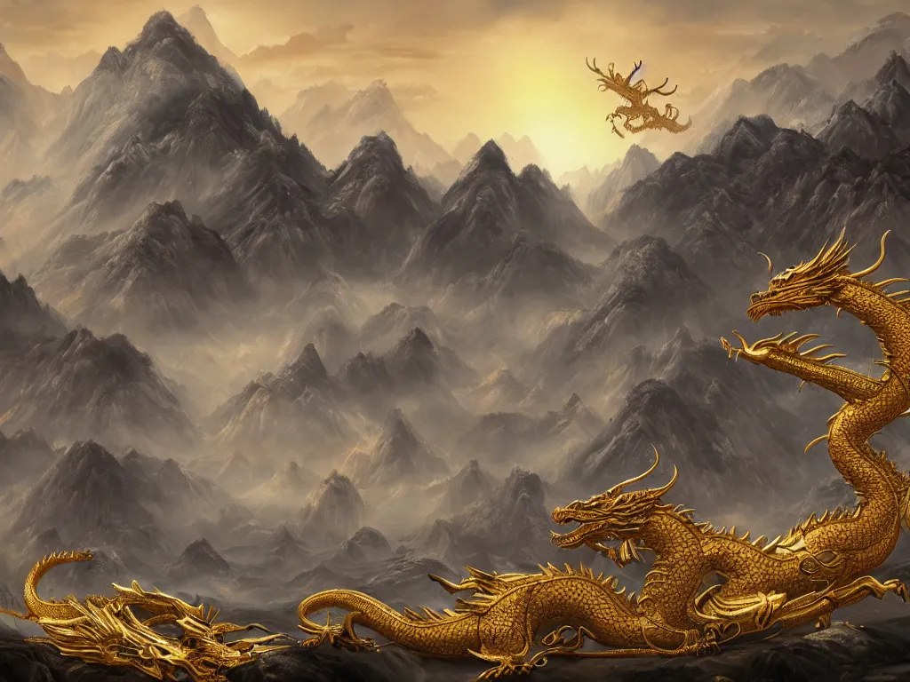 Image similar to a vast landscape painting of a giant golden dragon with horns standing between the mountains with a Chinese temple tower in the distance, trending on artstation, high quality concept art, fantasy, epic composition, detailed and intricate image, cinematic