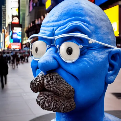 Image similar to a photograph of a very detailed renaissance sculpture of walter white as a smurf in times square, made by michelangelo, from the distance, hyper detailed, sharp focus, 8 k resolution, ray tracing