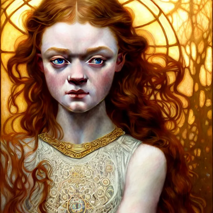 Image similar to ancient queen sadie sink, symetrical, diffuse lighting, fantasy, intricate, elegant, highly detailed, lifelike, photorealistic, digital painting, artstation, illustration, concept art, 4 k, smooth, sharp focus, art by john collier and albert aublet and krenz cushart and artem demura and alphonse mucha