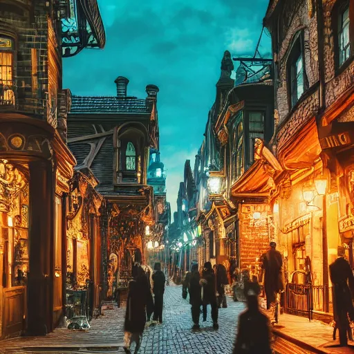 Image similar to a street level photo of a fantasy steampunk victorian city street, with people walking on the streets, at night, 4k, canon 5D