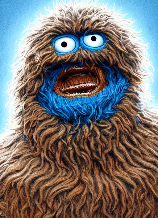 Image similar to portrait of Cookie Monster in The Thing (1982), highly detailed, centered, solid color background, digital painting, artstation, concept art, smooth, sharp focus, illustration, artgerm, donato giancola, Joseph Christian Leyendecker, Les Edwards, Ed Repka, WLOP, Artgerm