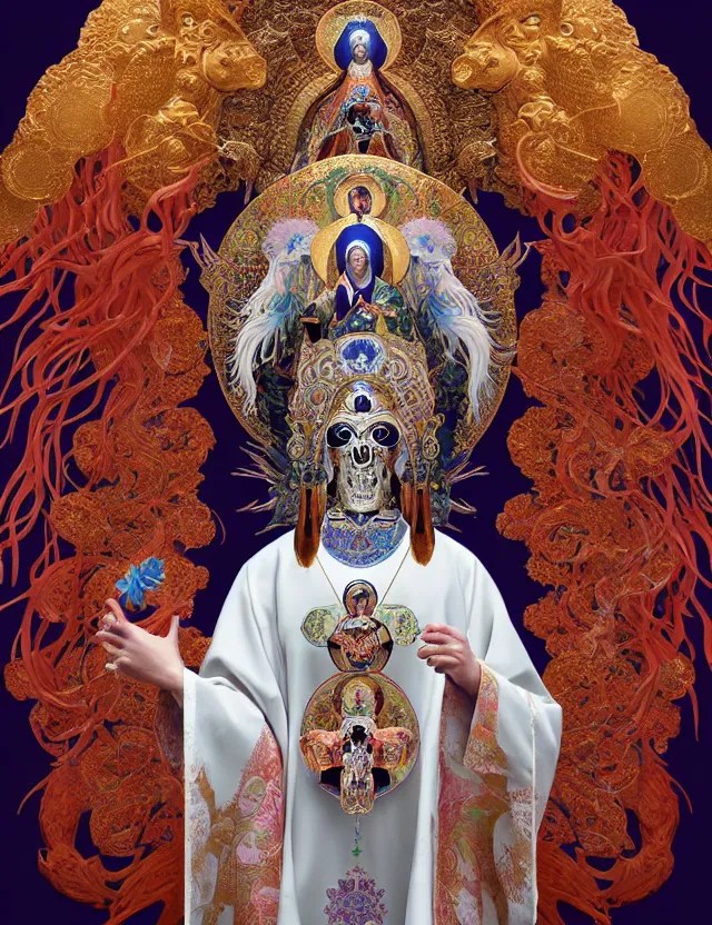 Image similar to 3 d goddess close - up profile portrait russian orthodox icon with ram skull. beautiful intricately detailed japanese crow kitsune mask and clasical japanese kimono. betta fish, jellyfish phoenix, bio luminescent, plasma, ice, water, wind, creature, artwork by tooth wu and wlop and beeple and greg rutkowski