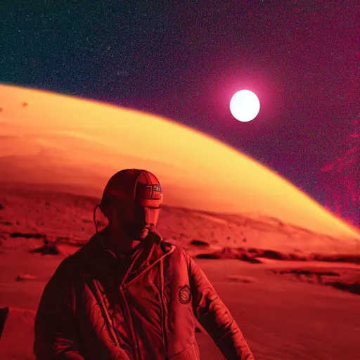 Image similar to lil peep on mars looking at camera, detailed, close shot, moonlight, red lighting, neon, glitch, synthwave, boke,