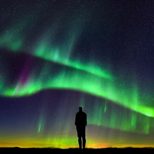 Image similar to 4K Epic Ultra HD detailed award-winning wallpaper silhouette of lonely man holding a flashlight looking at huge vast sky universe Milky Way aurora