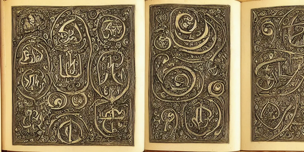 Image similar to a very detailed book of spells with ornate cryptic symbols drawn on the pages