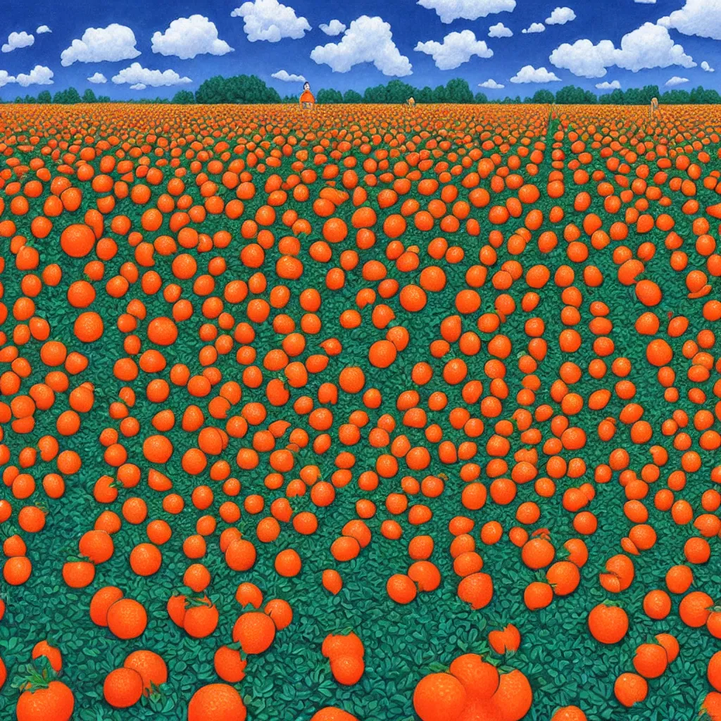 Image similar to a orange strawberry field seen by far in a car riding by, by Rob Gonsalves