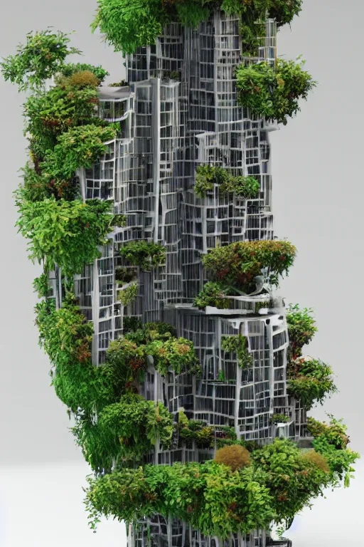 Image similar to 3 d printed physical model organic flowy including more than one city into one vertical building model that sits on a table in a room with a view back, multiple stories, transparent, with vegetation, colorful, eye - level view, 8 0 k, octane render, highly detailed 3 d render,