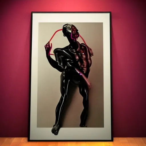 Image similar to painting by caravaggio!! male cyborg body profile cyberpunk neon metal glow red purple black