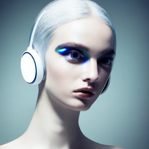 Image similar to high fashion photography of a model in neo futurism white sci - fi makup, be headset, transparent cloth, beautifully lit