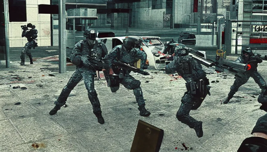 Prompt: 1990 Video Game Screenshot, Anime Neo-tokyo Cyborg bank robbers vs police, Set inside of the Bank, Open Bank Vault, Multiplayer set-piece Ambush, Tactical Squads :10, Police officers under heavy fire, Police Calling for back up, Bullet Holes and Realistic Blood Splatter, :10 Gas Grenades, Riot Shields, Large Caliber Sniper Fire, Chaos, Akira Anime Cyberpunk, Anime Machine Gun Fire, Violent Action, Sakuga Gunplay, Shootout, :14 Cel Shaded :19 , Inspired by Intruder :10 Created by Katsuhiro Otomo + Capcom: 19,