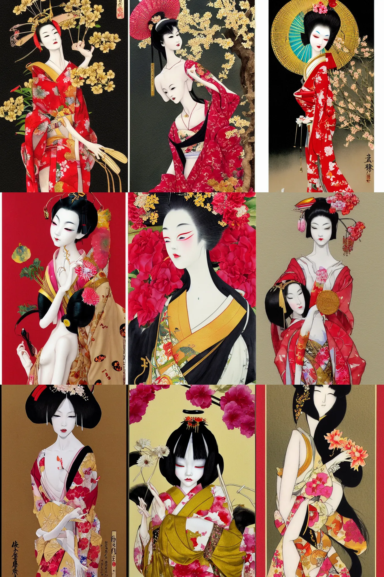 Prompt: watercolor painting of a japanese bjd geisha with a long neck by hajime sorayama, irakli nadar, amy sol, in the style of thoth tarot card, flowers, red, gold, black