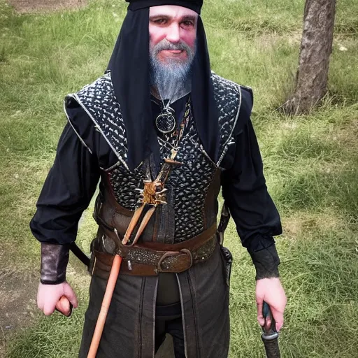 Image similar to a witcher with an orthodox jewish outfit and a kippa
