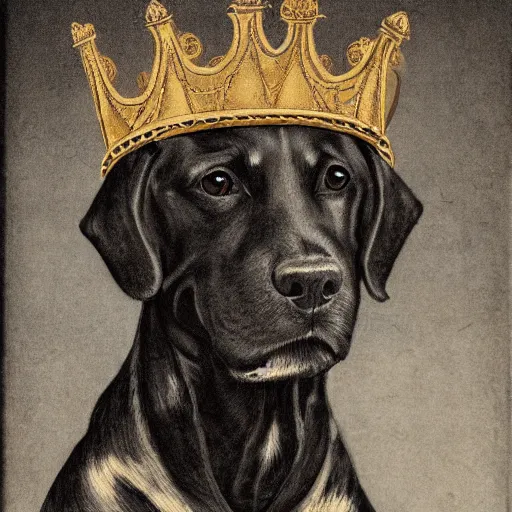 Prompt: a detailed portrait of a dog in kings robes and wearing a crown