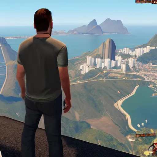 Image similar to high quality ingame screenshot of elon musk in front of Rio de Janeiro in GTA v, GTA v, screenshot GTA v